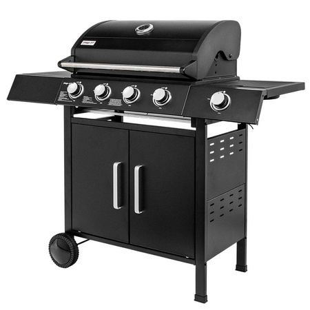 Grill ogrodowy gazowy Mega-M 4+1 ze stolikiem bocznym czarny reduktor + wąż gazowy