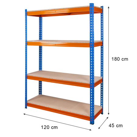 Regał magazynowy Mega-M Pro Max H-180 cm L-120 cm G-45 cm 4 półki z płyty wiórowej 15 mm (500kg) niebieski/pomarańczowy 2 kartony N