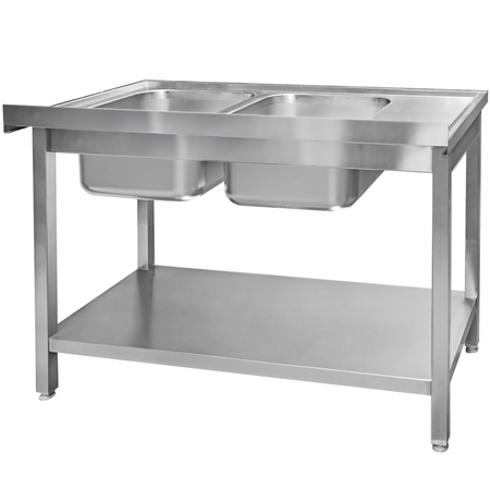 Zlew gastronomiczny spawany dwukomorowy z półką Mega-M 120x60x85 cm stal nierdzewna
