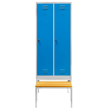 Szafka ubraniowa BHP Mega-M J-80 na podstawie z wysuwaną ławeczką 2 drzwiowa szara/ niebieski front S-80 cm G-80 cm H-223 cm skręcana N