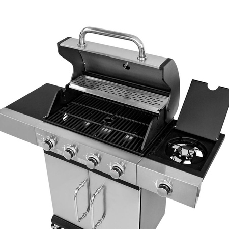 Grill ogrodowy gazowy Mega-M 4+1 ze stolikiem bocznym z pokrywą i drzwiczkami ze stali nierdzewnej reduktor + wąż gazowy