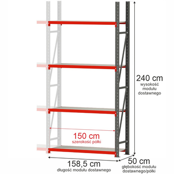 Regał metalowy magazynowy 4-półkowy Mega-M FORTIS H-240 cm L-158.5 cm G-50 cm moduł dostawny