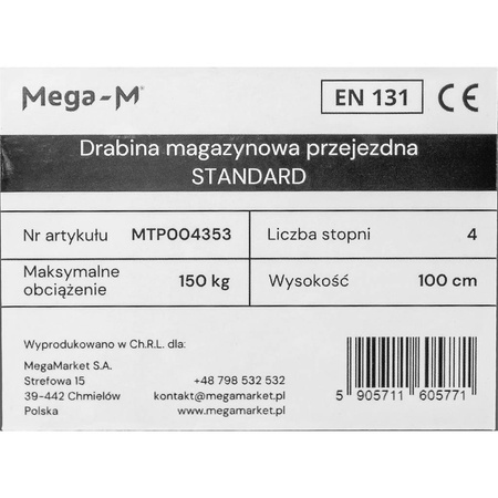 Drabina magazynowa przejezdna pomost magazynowy Mega-M STANDARD H-150 cm 6 stopni