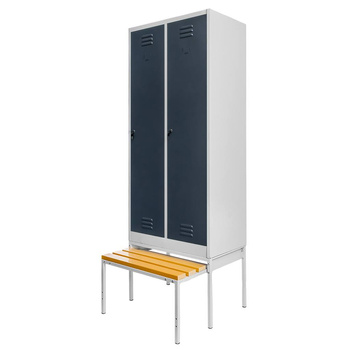 Szafka ubraniowa BHP Mega-M J-80 na podstawie z wysuwaną ławeczką 2 drzwiowa szara/ grafitowy front S-80 cm G-80 cm H-223 cm skręcana N