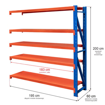 Regał metalowy magazynowy 5-półkowy Mega-M FORTIS LIGHT H-200 cm L-192.5 cm G-60 cm moduł dostawny