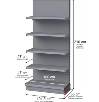 Regał sklepowy Mega-M Merkury przyścienny H-210 cm L-101,5 cm G-47 cm moduł dostawny grafitowy