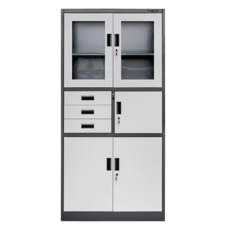 Szafa biurowa metalowa Mega-M WENUS W-15 na akta przeszklona z sejfem grafitowa / szary front S- 90 cm G- 40 cm H-185 cm skręcana N