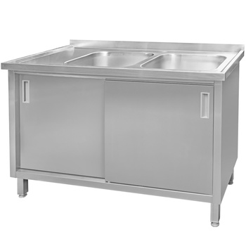 Zlew ze stali nierdzewnej 2-komorowy przyścienny spawany z szafką Mega-M S-140 cm G-70 cm H-85 cm N