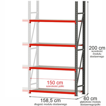 Regał metalowy magazynowy 4-półkowy Mega-M FORTIS H-200 cm L-158.5 cm G-60 cm moduł dostawny