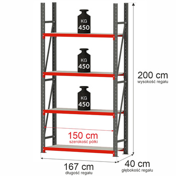 Regał metalowy magazynowy 4-półkowy Mega-M FORTIS H-200 cm L-167 cm G-40 cm moduł bazowy