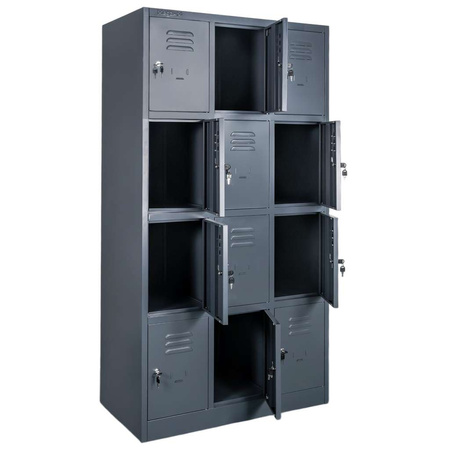 Szafka skrytkowa BHP Mega-M J-90/12 12 drzwiowa grafitowa S-90 cm G-50 cm H-180 cm skręcana N