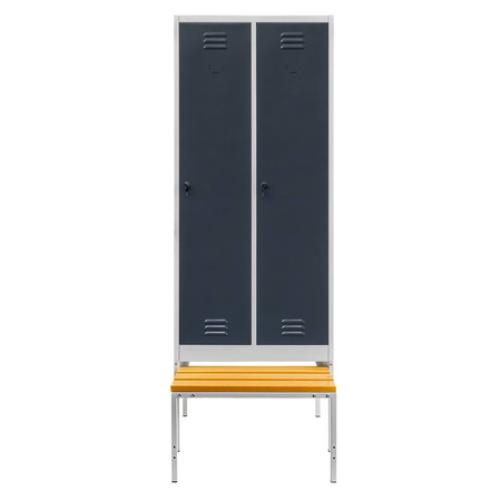 Szafka ubraniowa BHP Mega-M J-80 na podstawie z wysuwaną ławeczką 2 drzwiowa z przegrodami szara/ grafitowy front S-80 cm G-80 cm H-223 cm skręcana N