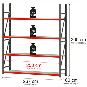 Regał magazynowy 4-półkowy Mega-M FORTIS H-200 cm L-267 cm G-60 cm moduł bazowy N