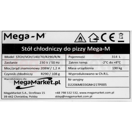 Stół chłodniczy do pizzy z granitowym blatem Mega-M STCH/VCH/140/70/R290/R/N