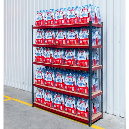 Regał magazynowy Mega-M BASIC PLUS H-180 cm L-180 cm G-45 cm 5 półek z MDF 6.8 mm 275 kg grafitowo-czerwony