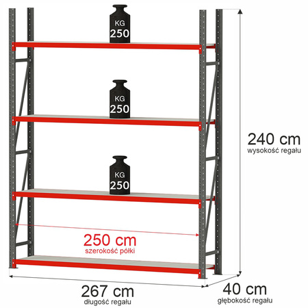 Regał magazynowy 4-półkowy Mega-M FORTIS H-240 cm L-267 cm G-40 cm moduł bazowy N