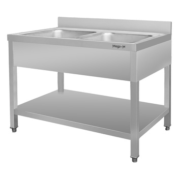 Zlew ze stali nierdzewnej 2-komorowy przyścienny z półką Mega-M S-120 cm G-60 cm H-85 cm N
