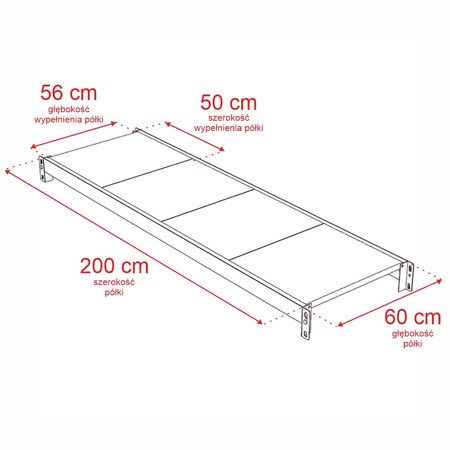 Regał metalowy magazynowy 4-półkowy Mega-M FORTIS H-200 cm L-208.5 cm G-60 cm moduł dostawny