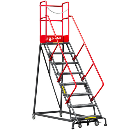 Drabina magazynowa przejezdna pomost magazynowy Mega-M H 204 cm 8 stopni hamulec schodkowy