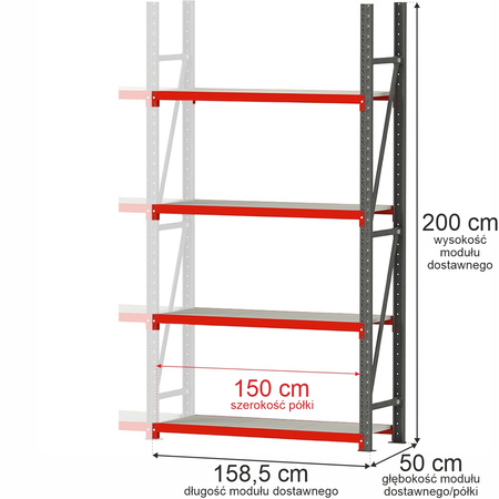 Regał metalowy magazynowy 4-półkowy Mega-M FORTIS H-200 cm L-158.5 cm G-50 cm moduł dostawny
