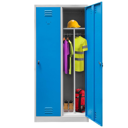 Szafka ubraniowa BHP Mega-M J-80 2 drzwiowa z przegrodami szara/ niebieski front S-80 cm G-50 cm H-180 cm skręcana N