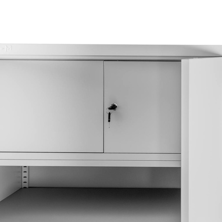 Szafa biurowa metalowa na dokumenty ze skarbczykiem Mega-M pełne drzwi S-90 cm G-40 cm H-185 cm szara