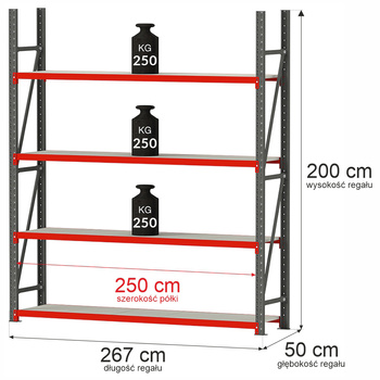 Regał metalowy magazynowy 4-półkowy Mega-M FORTIS H-200 cm L-267 cm G-50 cm moduł bazowy
