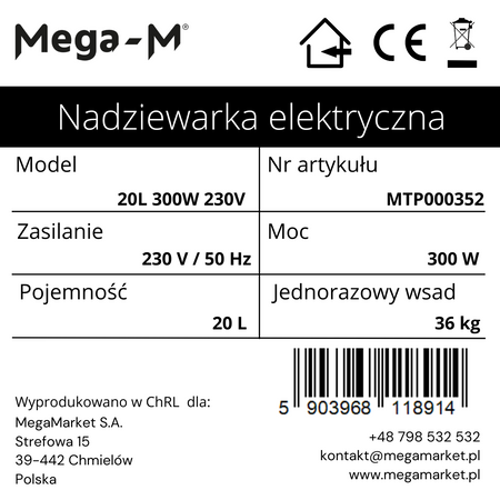 Nadziewarka do kiełbas elektryczna Mega-M 20L moc 300 W
