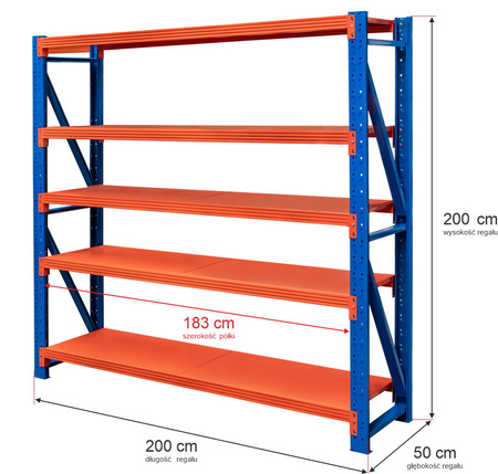 Regał metalowy magazynowy 5-półkowy Mega-M FORTIS LIGHT H-200 cm L-200 cm G-50 cm moduł bazowy