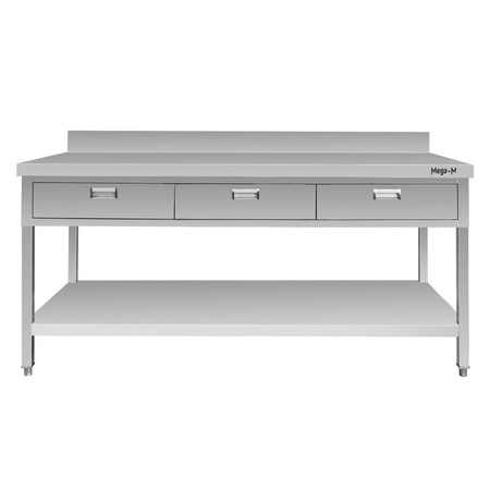 Stół ze stali nierdzewnej przyścienny z 3 szufladami i półką Mega-M S-180 cm G-60 cm H-85 cm N