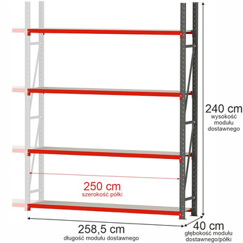Regał magazynowy 4-półkowy Mega-M FORTIS H-240 cm L-258,5 cm G-40 cm moduł dostawny N