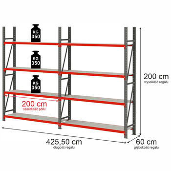 Regał magazynowy 8-półkowy Mega-M FORTIS H-200 cm L-425.5 cm G-60 cm