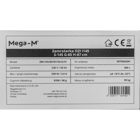 Zamrażarka Mega-M OZI i145 Automatyczne rozmrażanie S-145 cm G-85 cm H-87 cm N