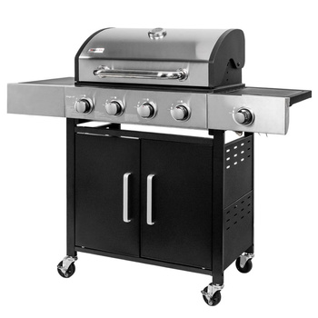 Grill ogrodowy gazowy Mega-M 4+1 ze stolikiem bocznym z pokrywą ze stali nierdzewnej reduktor + wąż gazowy