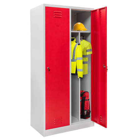 Szafka ubraniowa BHP Mega-M J-80 2 drzwiowa z przegrodami szara/ czerwony front S-80 cm G-50 cm H-180 cm skręcana (wysyłka paletowa) N