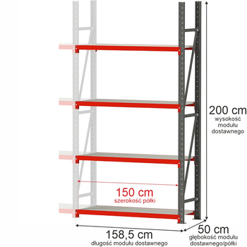 Regał metalowy magazynowy 4-półkowy Mega-M FORTIS H-200 cm L-158.5 cm G-50 cm moduł dostawny