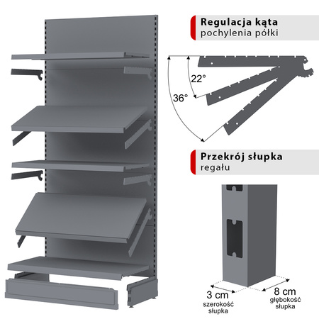 Regał sklepowy Mega-M Merkury przyścienny H-210 cm L-103 cm G-47 cm moduł bazowy grafitowy