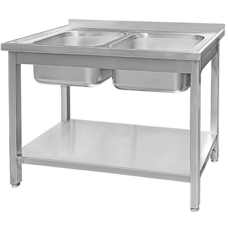 Zlew gastronomiczny spawany dwukomorowy z półką Mega-M 120x70x85 cm stal nierdzewna