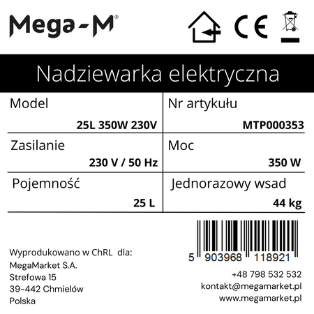 Nadziewarka do kiełbas elektryczna Mega-M 25L moc 350 W