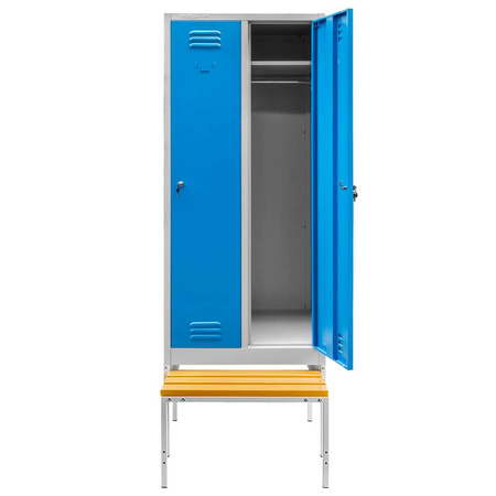 Szafka ubraniowa BHP Mega-M J-80 na podstawie z wysuwaną ławeczką 2 drzwiowa szara/ niebieski front S-80 cm G-80 cm H-223 cm skręcana N