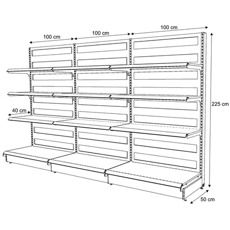Regał sklepowy przyścienny Mega-M Basic H-225 cm L-303 cm G-50/3x40 cm (GC-58 cm) antracyt N
