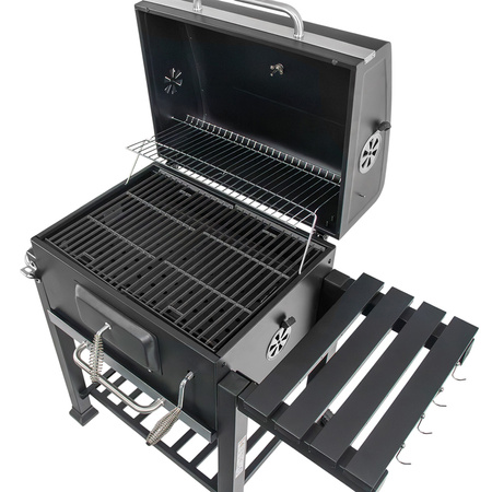 Grill ogrodowy węglowy z pokrywą Mega-M 1x stolik boczny 56x42 cm czarny