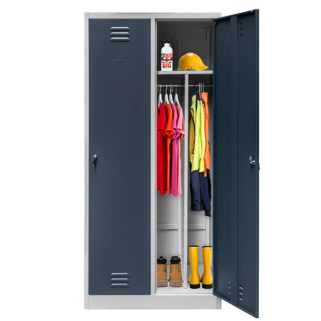 Szafka ubraniowa BHP Mega-M J-80 2 drzwiowa z przegrodami szara/ grafitowy front S-80 cm G-50 cm H-180 cm skręcana N