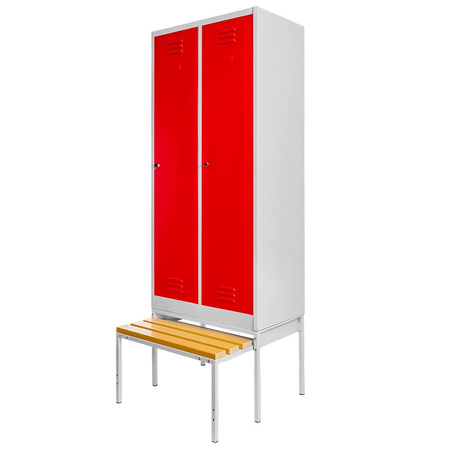 Szafka ubraniowa BHP Mega-M J-80 na podstawie z wysuwaną ławeczką 2 drzwiowa z przegrodami szara/ czerwony front S-80 cm G-80 cm H-223 cm skręcana N