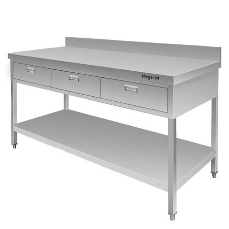 Stół gastronomiczny ze stali nierdzewnej przyścienny z półką i 3 szufladami Mega-M 150x70x85 cm