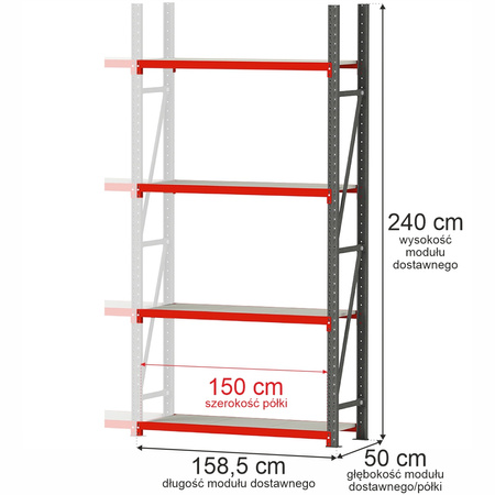 Regał metalowy magazynowy 4-półkowy Mega-M FORTIS H-240 cm L-158.5 cm G-50 cm moduł dostawny