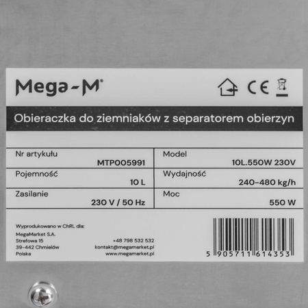 Obieraczka do ziemniaków z separatorem obierzyn Mega-M 10L 0.55kW 230V
