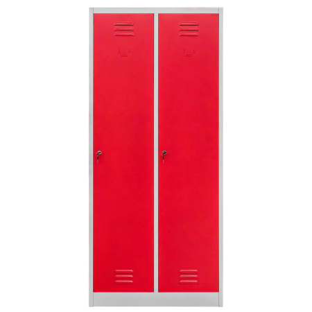 Szafka ubraniowa BHP Mega-M J-80 2 drzwiowa z przegrodami szara/ czerwony front S-80 cm G-50 cm H-180 cm skręcana N