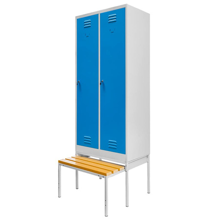 Szafka ubraniowa BHP Mega-M J-80 na podstawie z wysuwaną ławeczką 2 drzwiowa szara/ niebieski front S-80 cm G-80 cm H-223 cm skręcana N