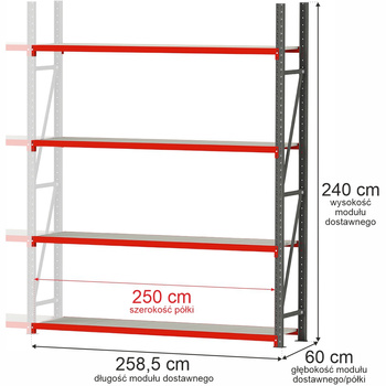Regał magazynowy 4-półkowy Mega-M FORTIS H-240 cm L-258,5 cm G-60 cm moduł dostawny N